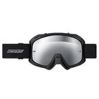 Black ski goggles with a large silver mirrored lens and a black adjustable strap featuring a white logo.