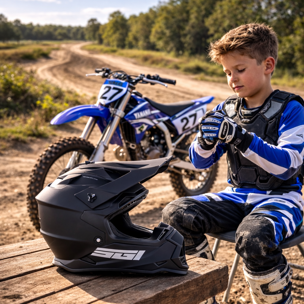 Child in motocross gear sitting next to a dirt bike on a track