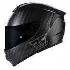 Black carbon fiber motorcycle helmet on a white background