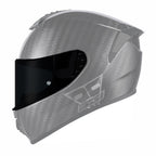 Carbon fiber helmet with a black visor on a white background