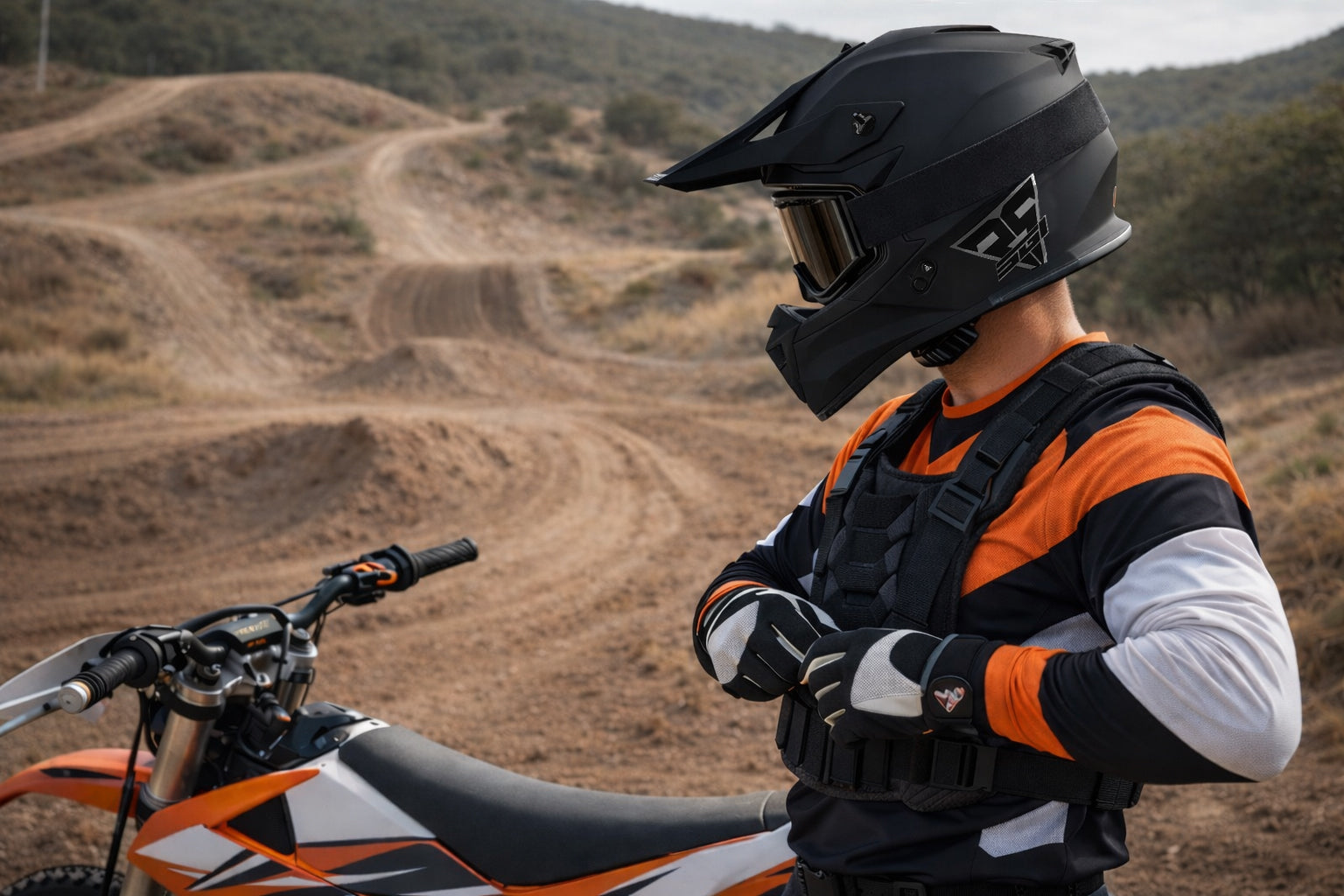 Person in motocross gear standing next to a dirt bike on a trail